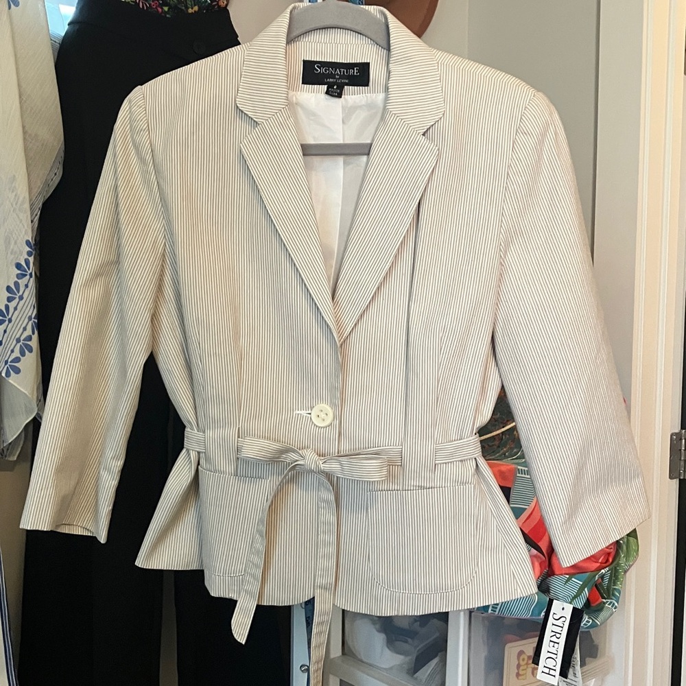 Signature by Larry Levine Cream Pinstripe Tie-Waist Blazer